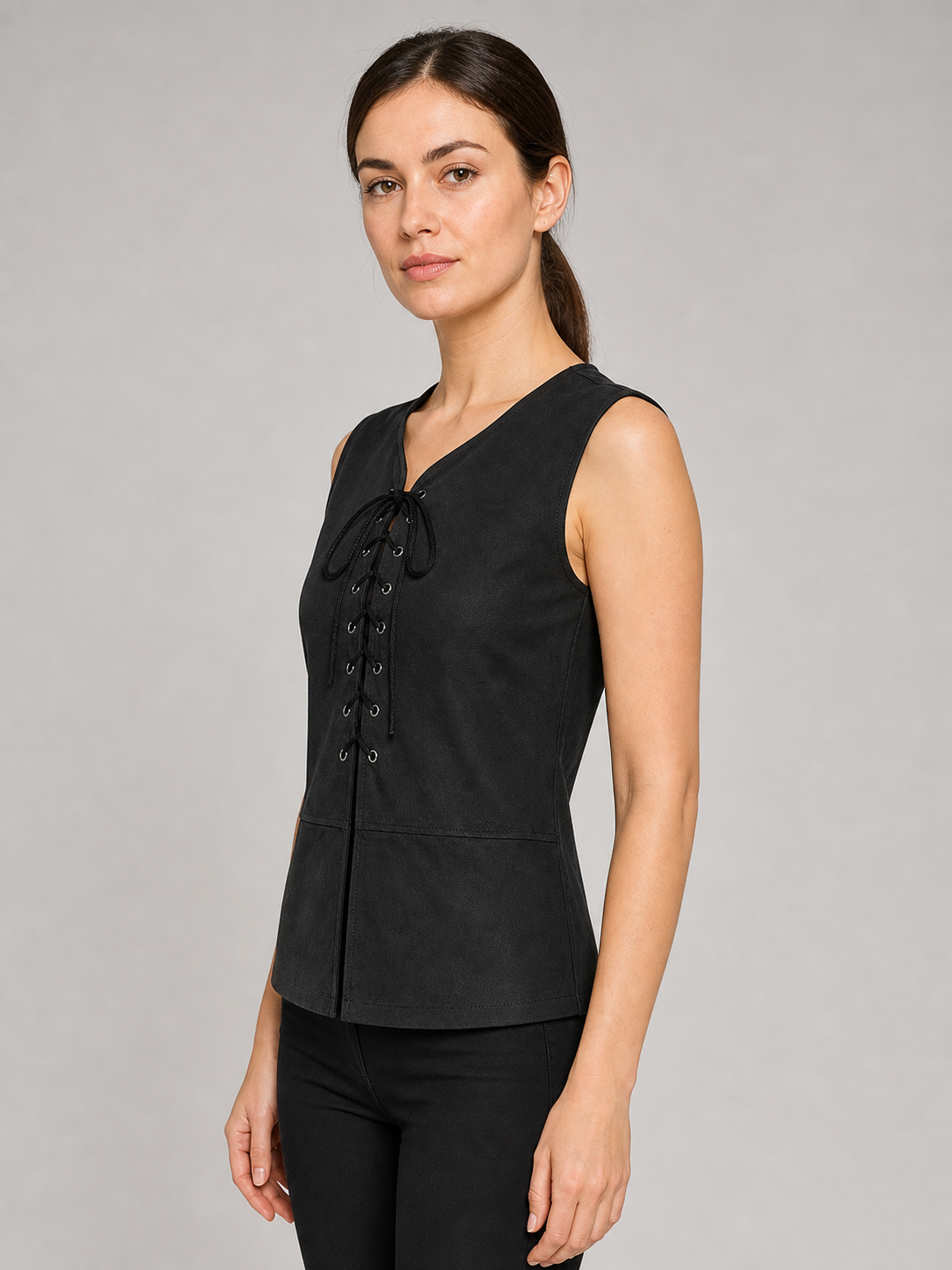 Black Long Lace-Up Vest with V-Neck
