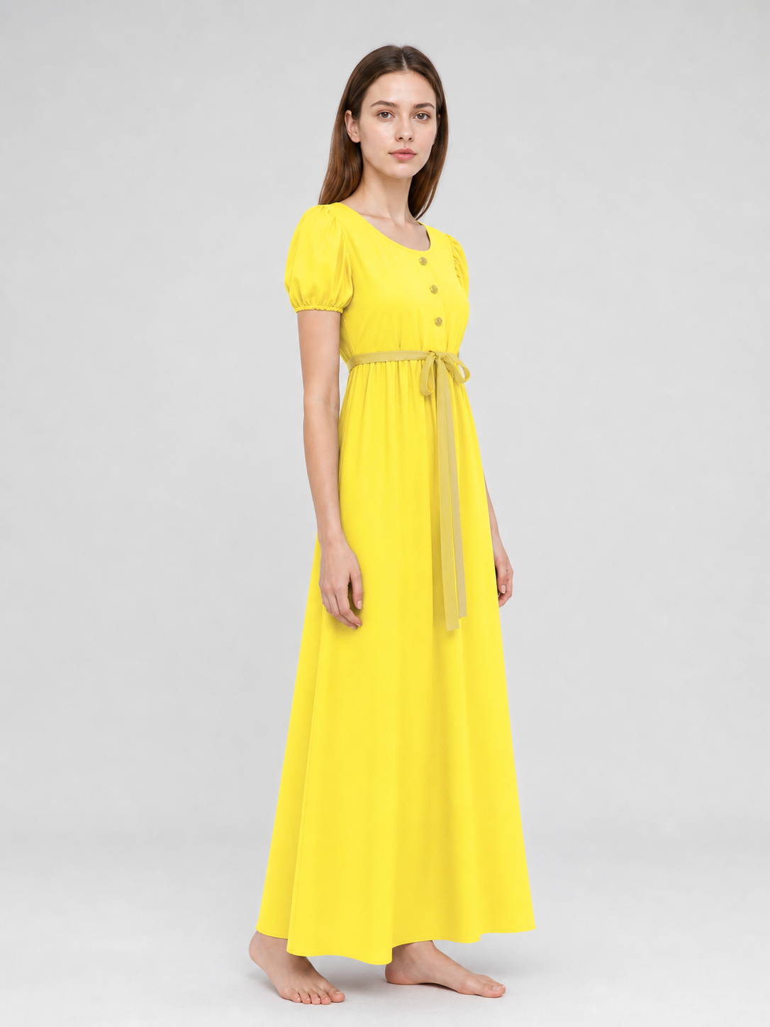 Yellow Dress with Buttons and a Drawstring Waist