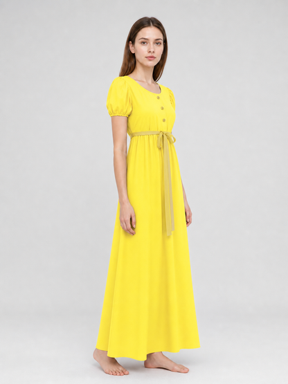 Yellow Dress with Buttons and a Drawstring Waist