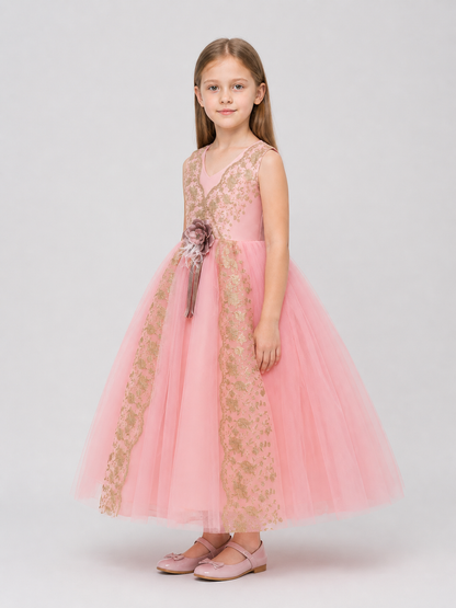 Full Skirt Dress with a V-Neckline and Floral Decoration