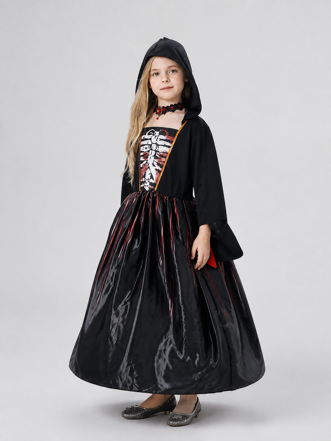 Halloween Dress with Skull and Red Stripes, Hood side view