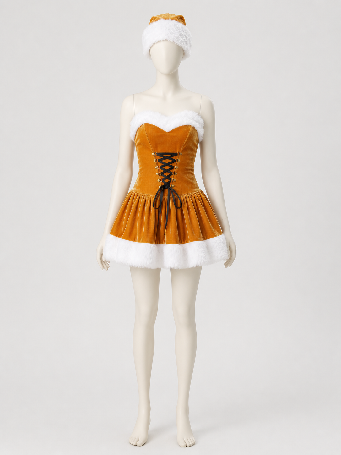 New Year's Costume: Gold Dress with White Fur side view