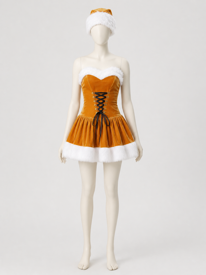 New Year's Costume: Gold Dress with White Fur side view