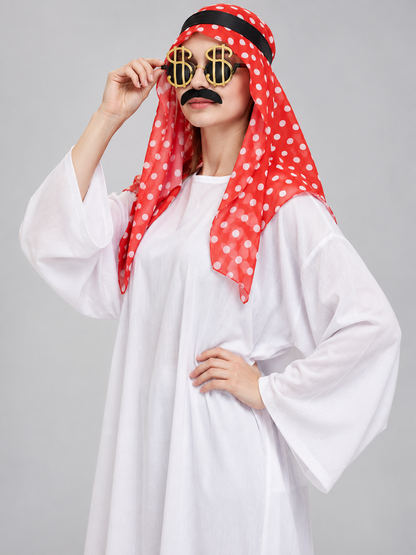 Carnival costume with a headscarf, mustache, and glasses