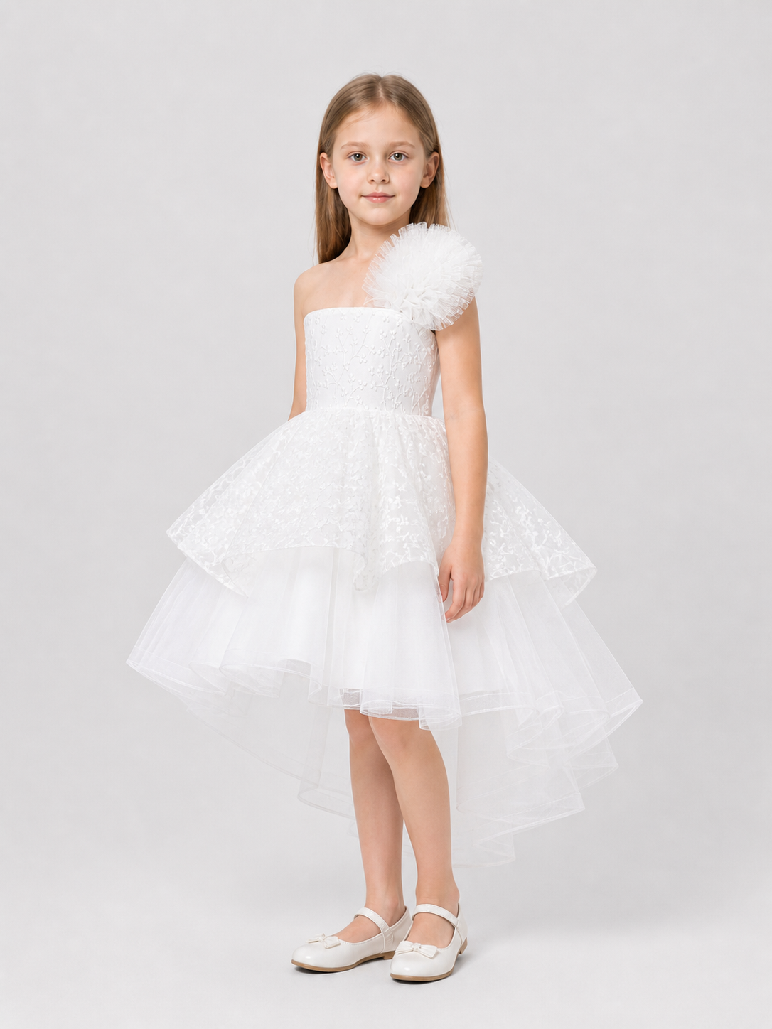 White Princess Dress for Girls with a Full Tulle Skirt side view