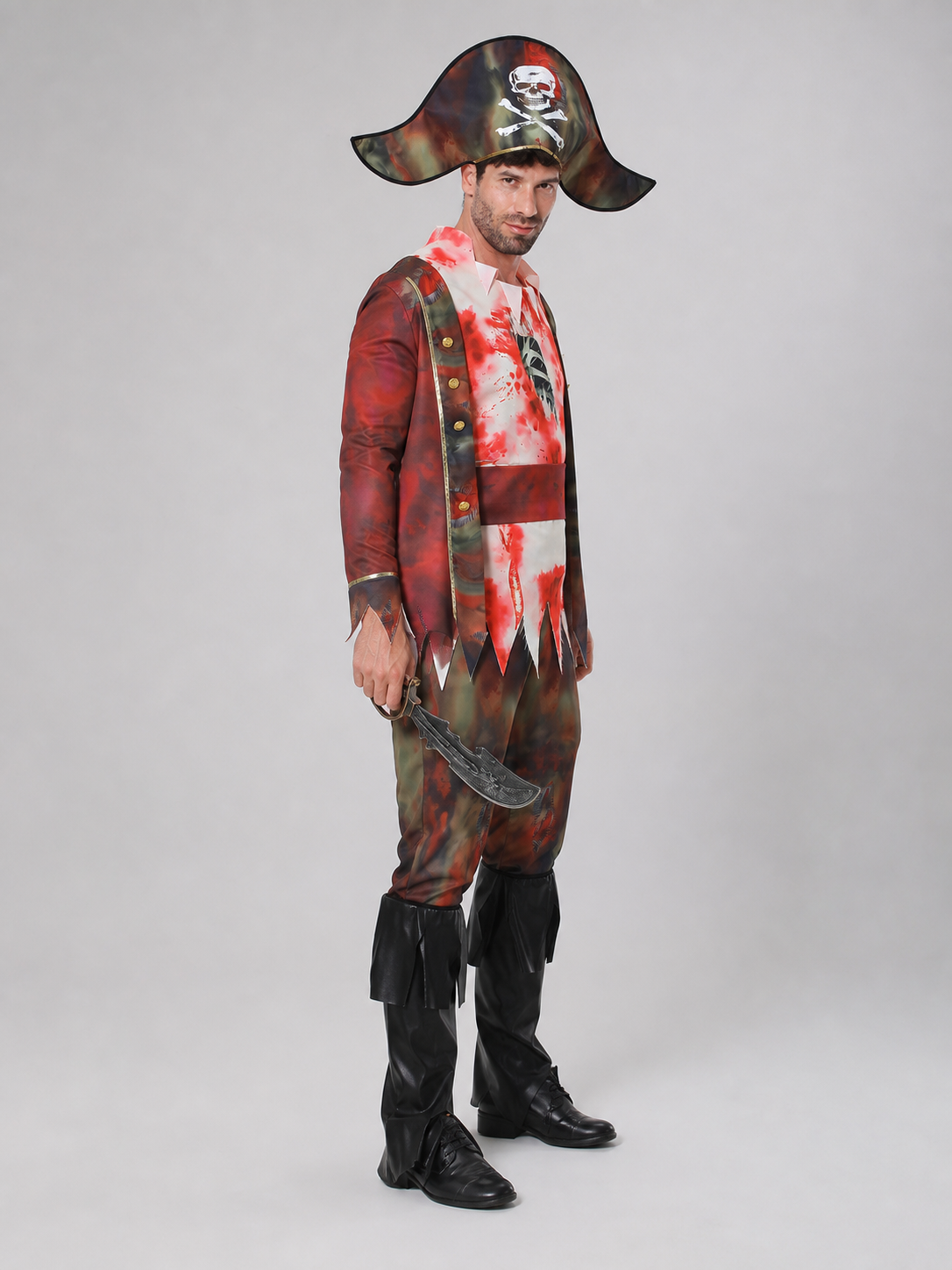 The set features a pirate-style design and includes a one-piece costume with long sleeves and pants, a wide-brim pirate hat, and a black curved blade-shaped accessory. The design combines brown, white, red, and black colors. The front featu