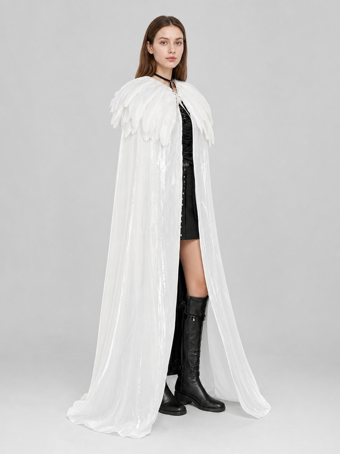 White Velvet Cape with Feather Trim, Maxi