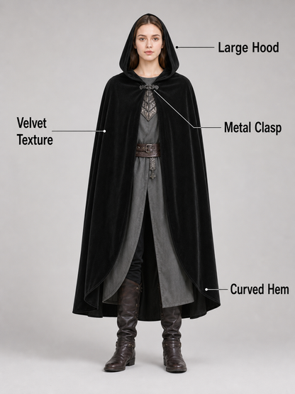 Black costume cloak with a large hood