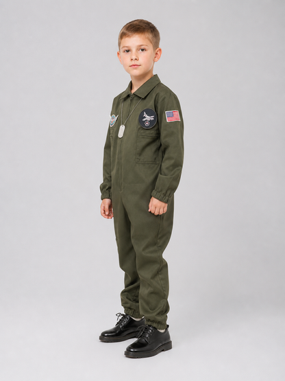 Flight jumpsuit with patches and accessories