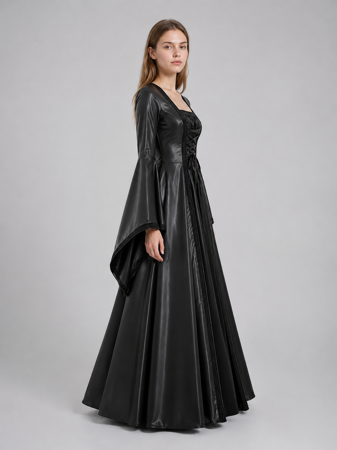 Long Black Costume Dress with Corset Bodice side view