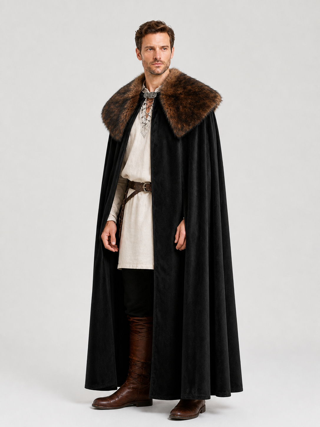Black Adult Cape with Brown Fur Collar side view