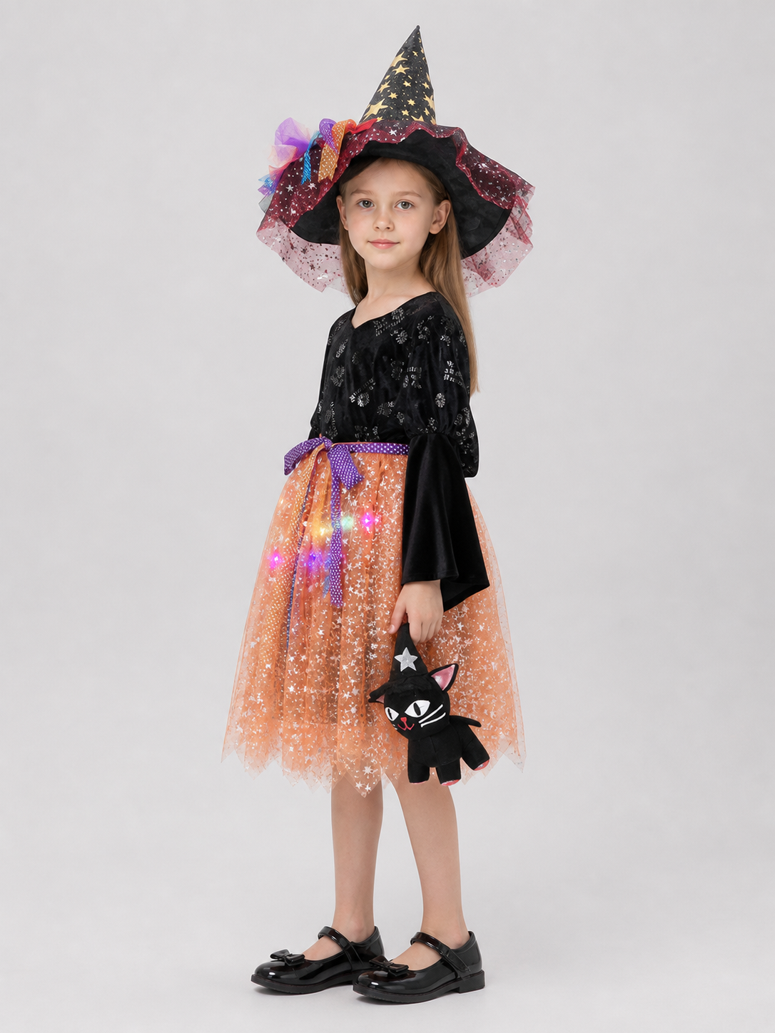 Halloween Witch Costume: Dress, Hat, and Cat side view
