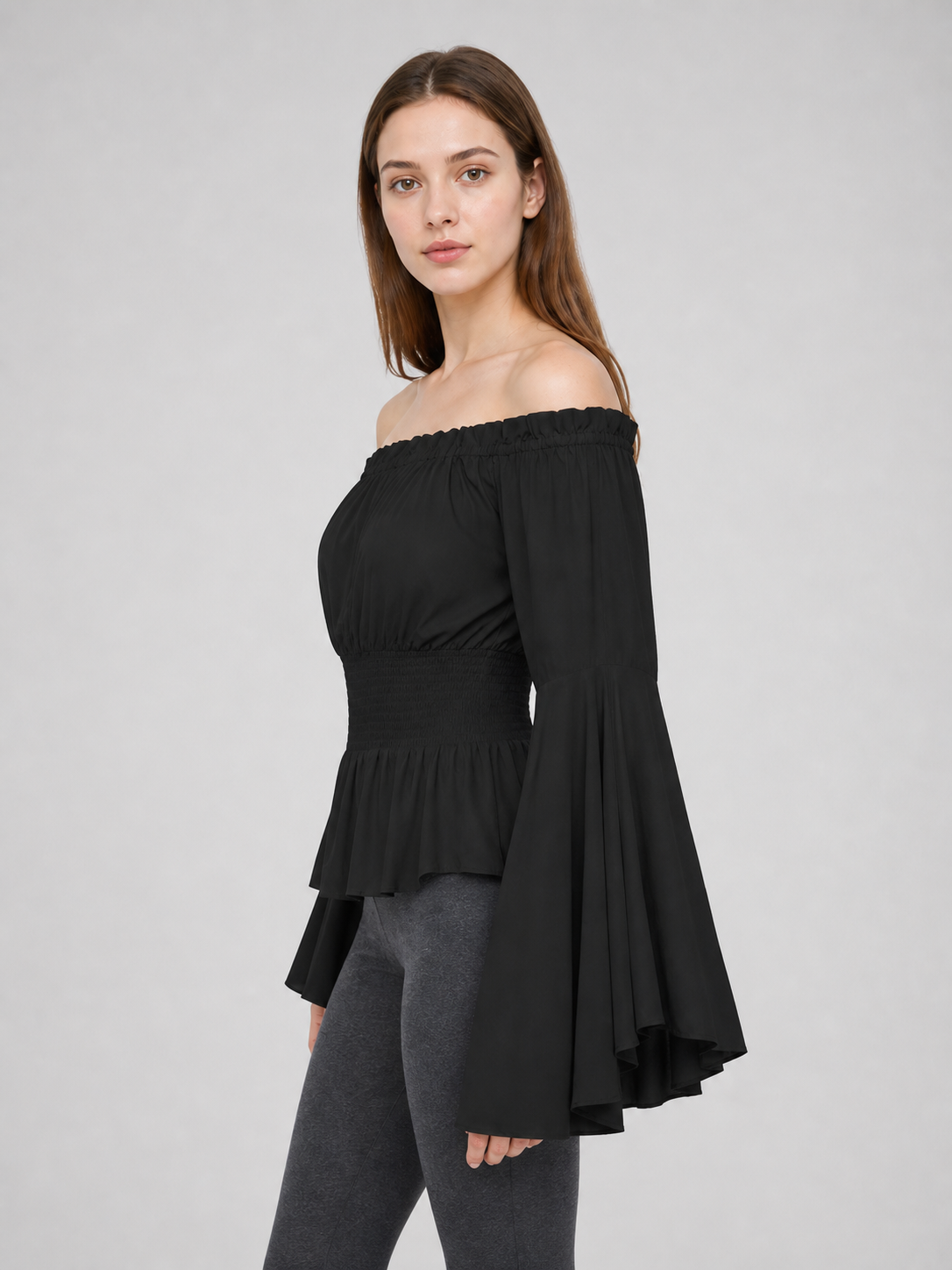 Black Off-the-Shoulder Blouse with Flared Sleeves