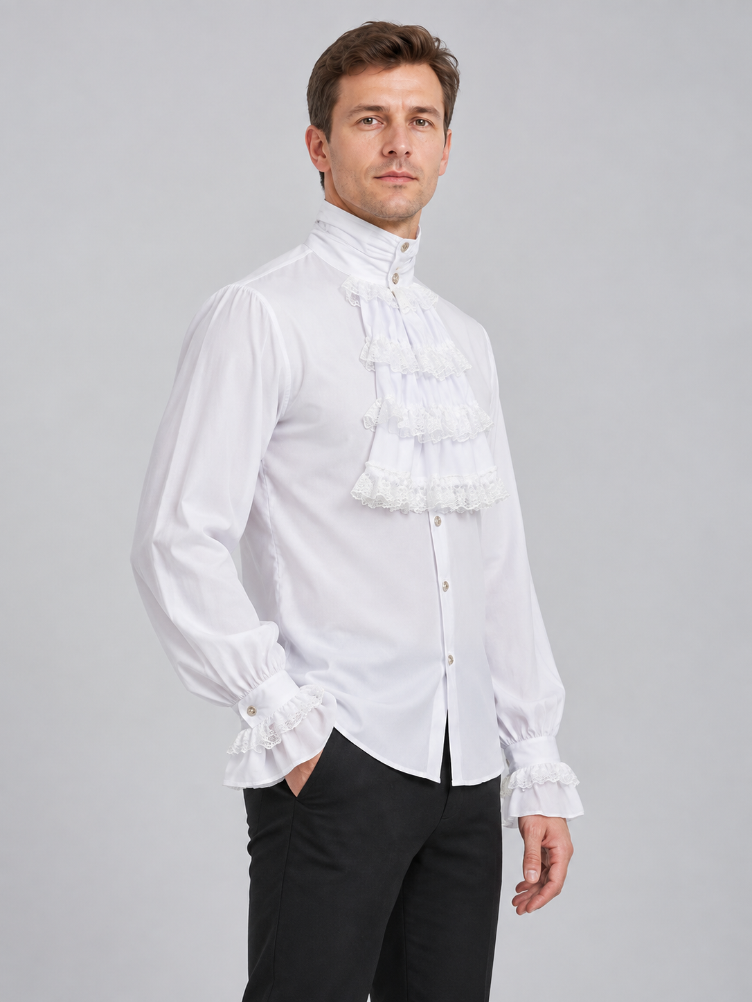 White Ruffled Jabot Shirt with High Collar and Frills
