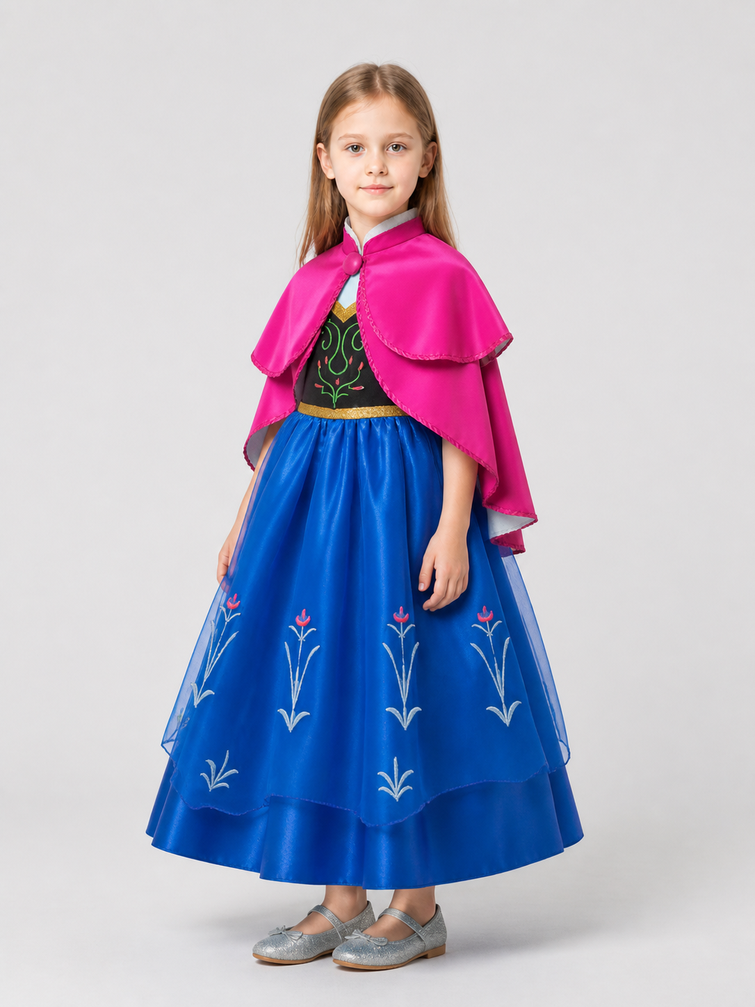 Elsa Costume with Purple Cape and Blue Full Skirt side view