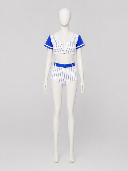 Blue Striped Cheerleader Costume with Skort, S-XL side view