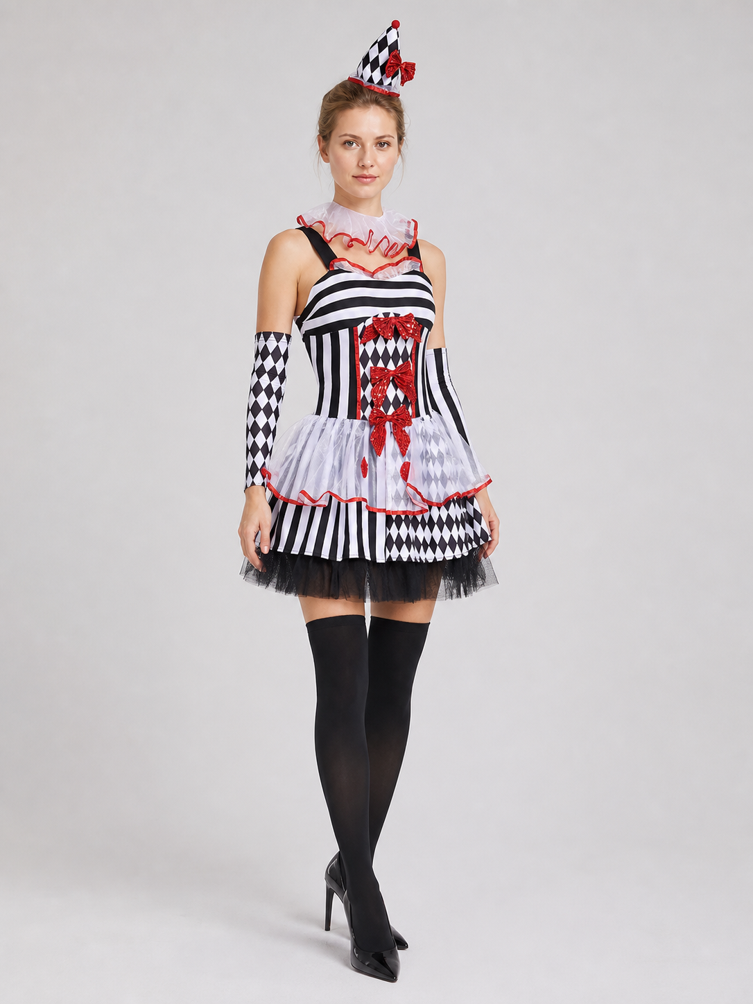 Circus-Style Clown Costume with Bows for Halloween side view