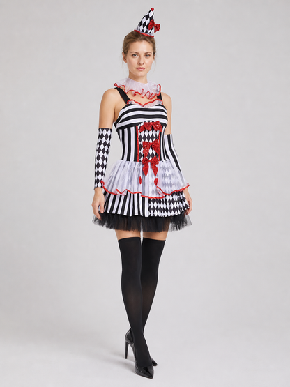 Circus-Style Clown Costume with Bows for Halloween side view