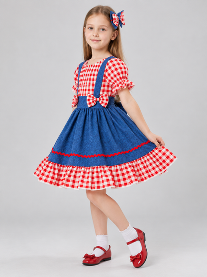 Red Plaid Girls Dress with Bows and Ruffles