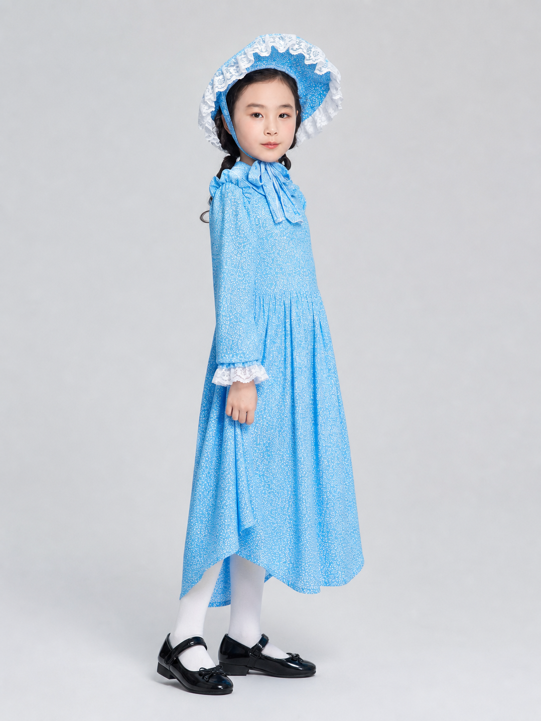 Blue Dress with White Ruffles and Bow, Long Sleeves