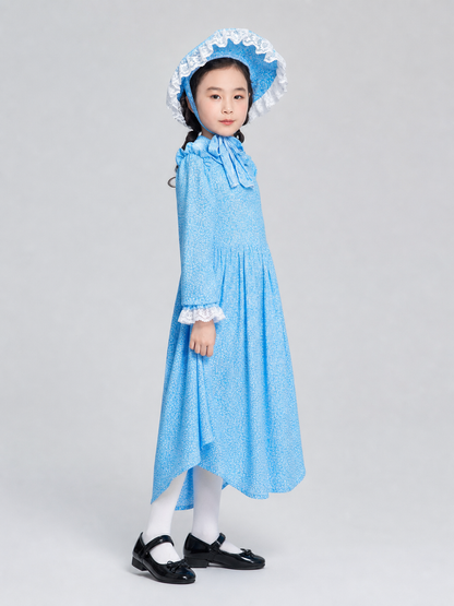 Blue Dress with White Ruffles and Bow, Long Sleeves