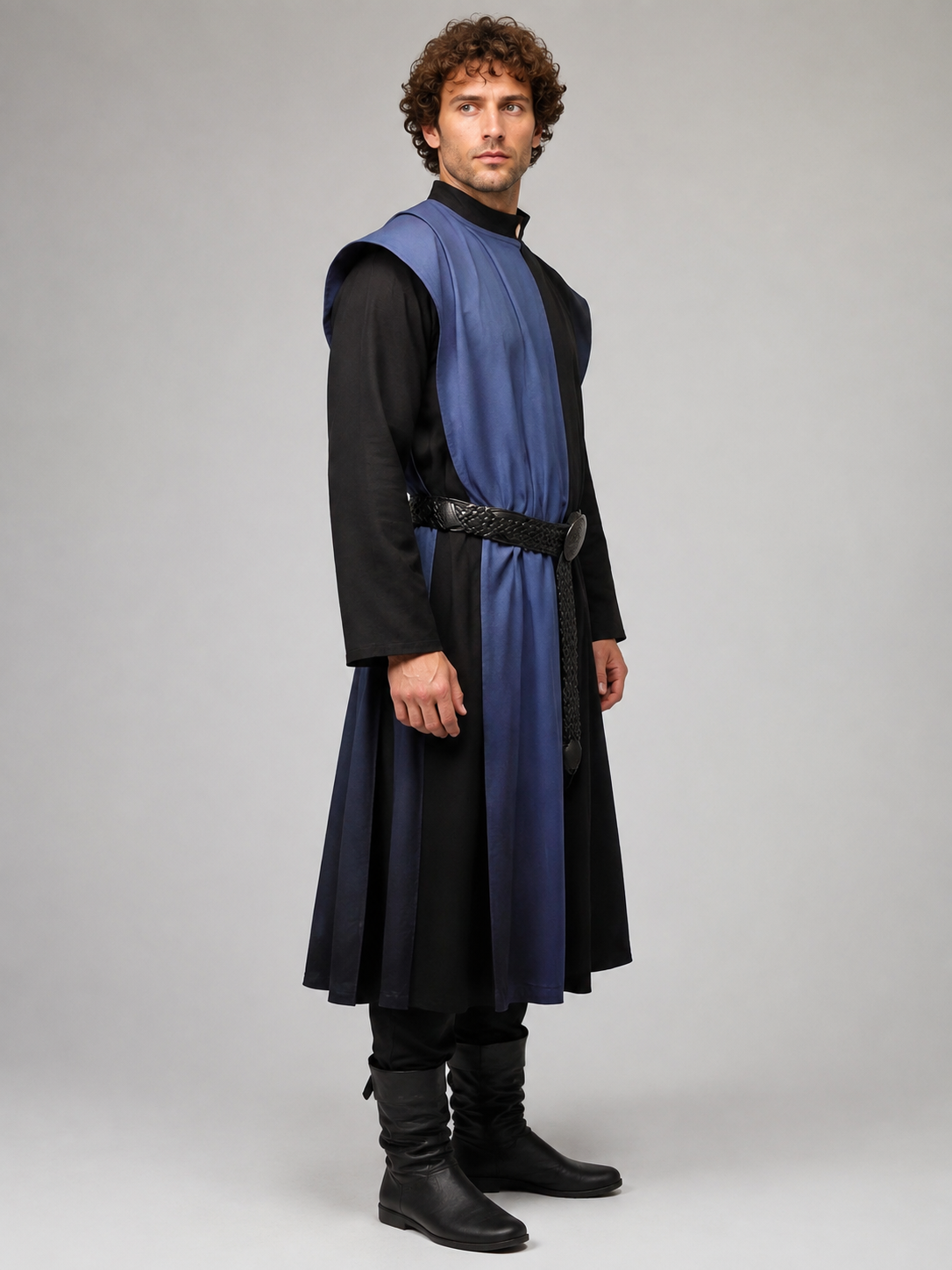 Blue-Black Medieval Costume with Braided Belt side view