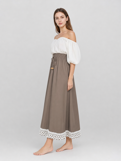 Long khaki A-line skirt with lace