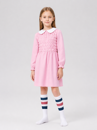 Children's Pink Dress with Collar and Striped Leg Warmers side view