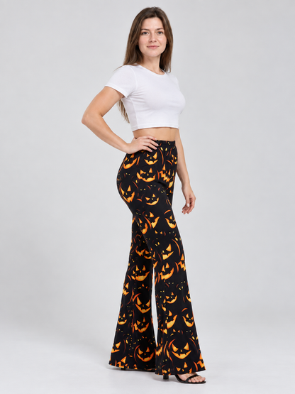 Black Flared Carnival Pants with Orange Smiling Pumpkin Print