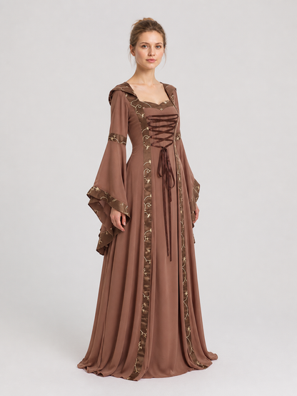 Retro Dress with a Square Neckline and Flared Sleeves side view