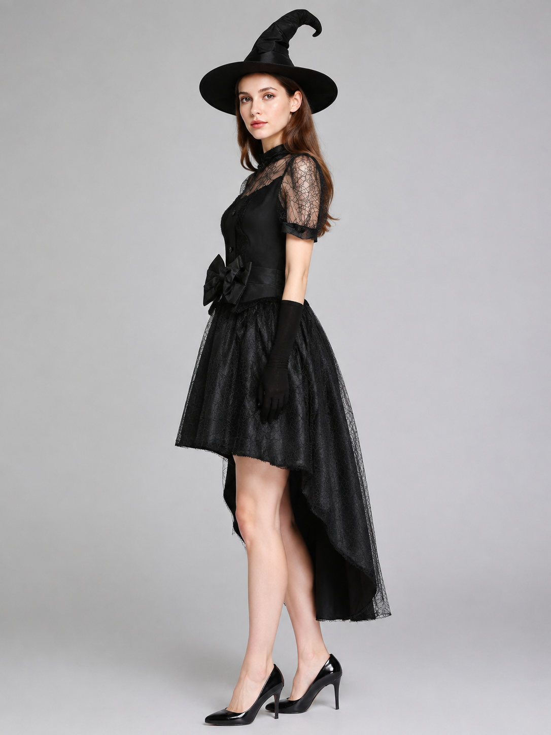 Black Witch Costume: Dress, Hat, and Gloves side view