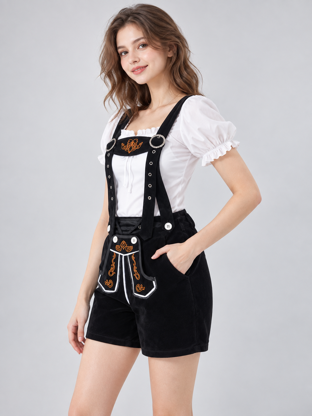 Bavarian shorts with suspenders, black with embroidery and trim