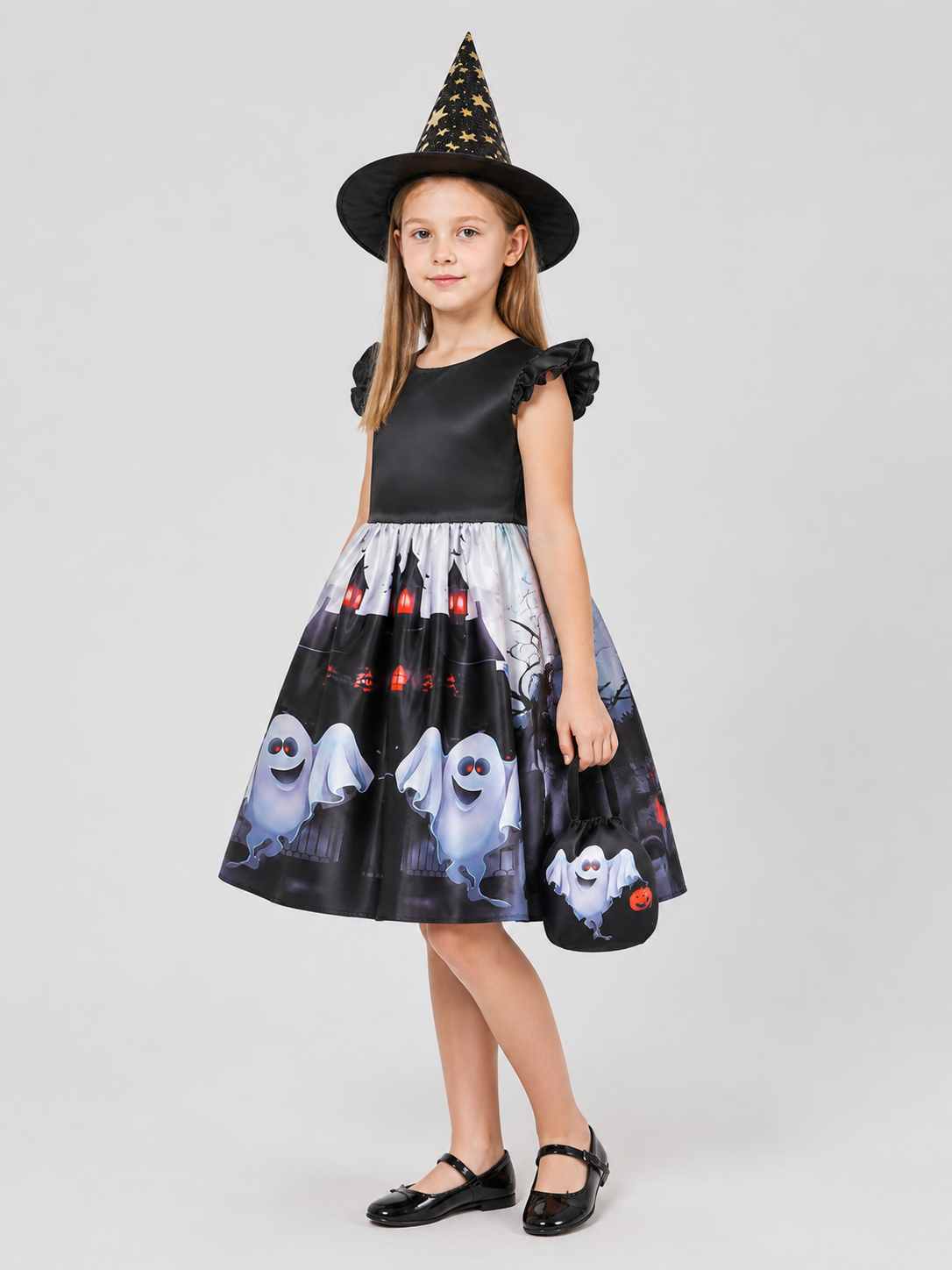 Children’s Halloween Costume: Dress, Hat, and Bag side view