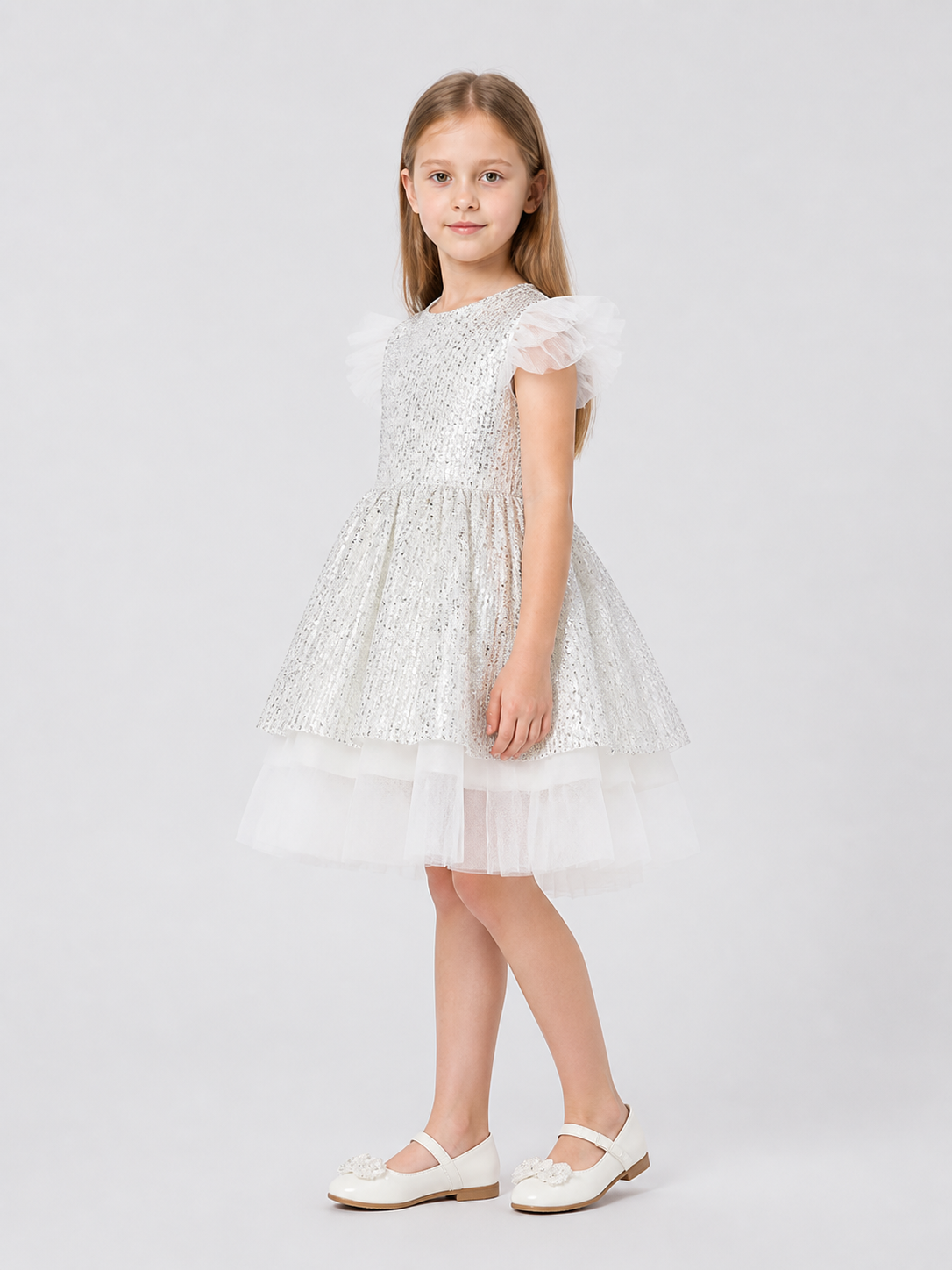 Dressy Sequin Dress with a Full Layered Skirt side view