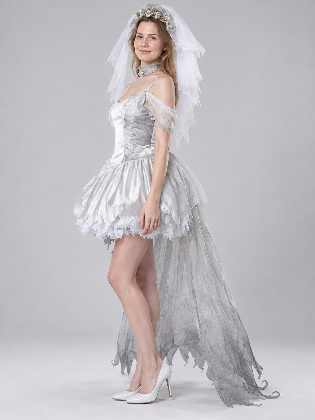 Ghost Carnival Costume with White Dress, Veil, and Mesh