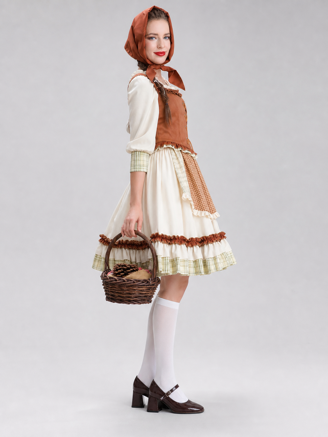 Historical character costume with a corset-style bodice and ruffles