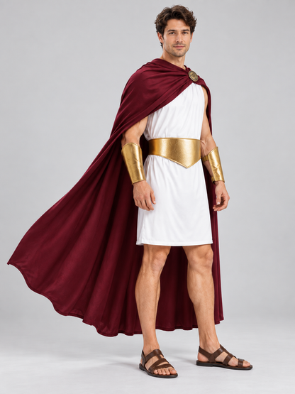 Ancient-style costume with a burgundy cloak and white tunic