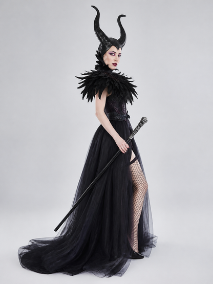 Character Costume: Black Corset Dress, Horns, Scepter side view