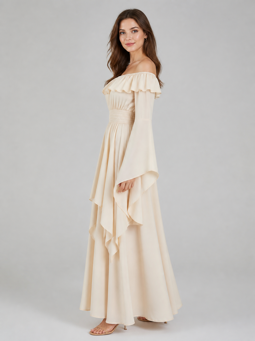 A-Line Dress with Ruffles and Off-the-Shoulder Design