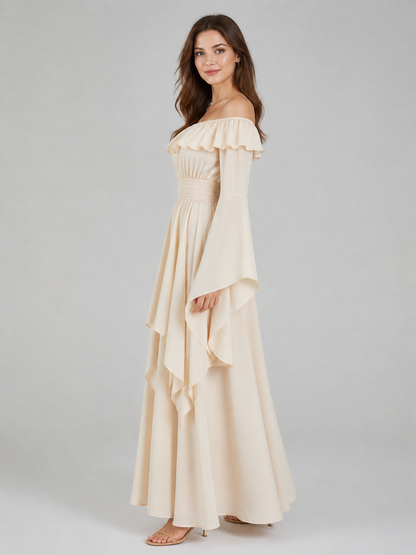A-Line Dress with Ruffles and Off-the-Shoulder Design