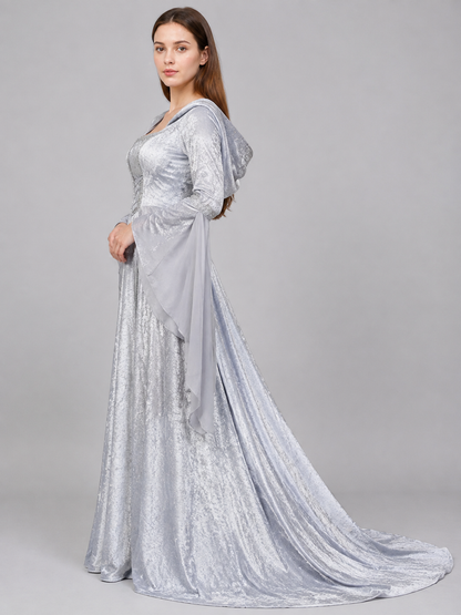 Medieval Gray Hooded Dress with Train side view