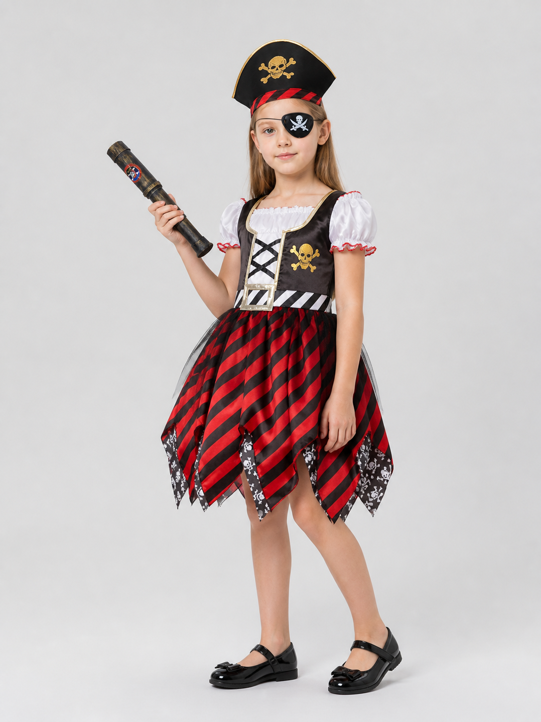 Children’s Pirate Costume: Skull Dress, Hat, and Eye Patch side view