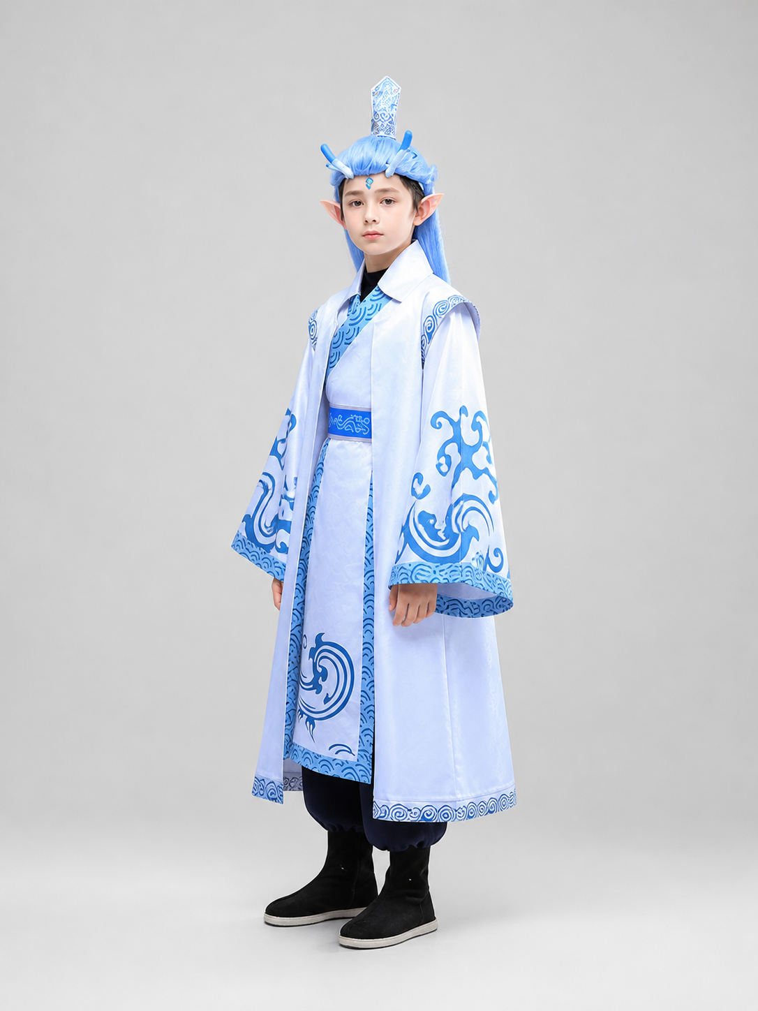 Ao Bing Cosplay Costume, White Robe with Blue Patterns side view