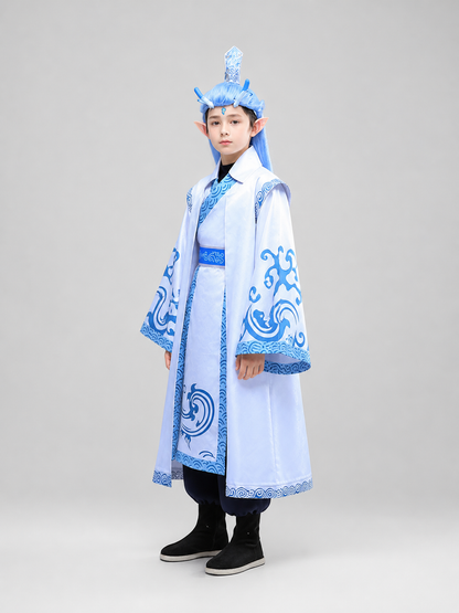 Ao Bing Cosplay Costume, White Robe with Blue Patterns side view