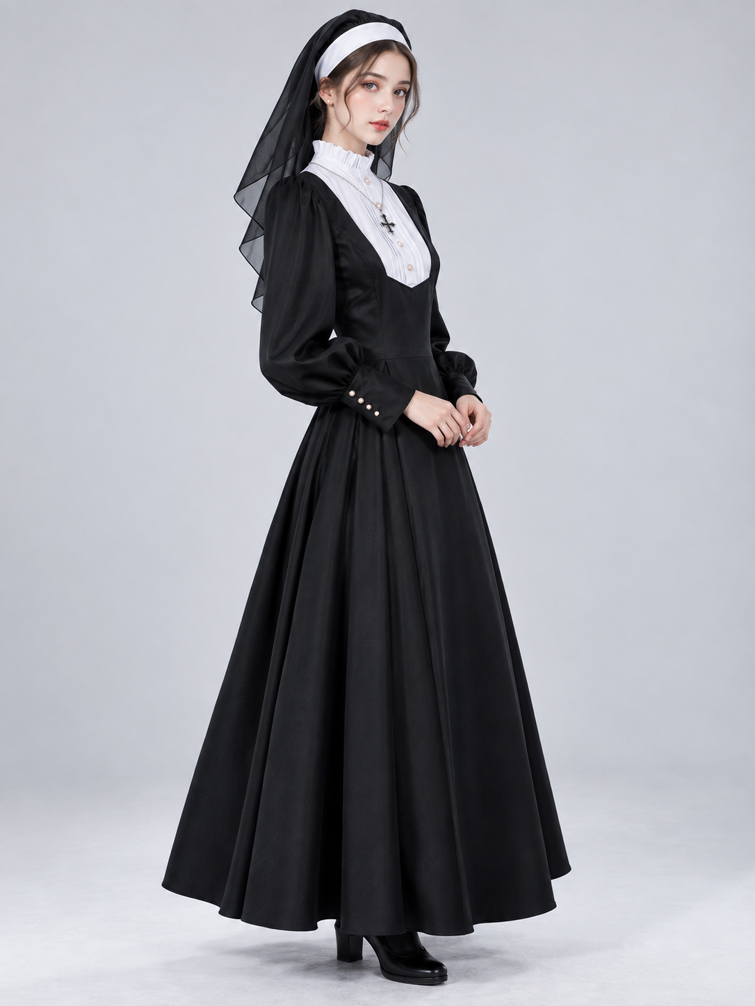 Black Nun Costume with White Insert and Cross