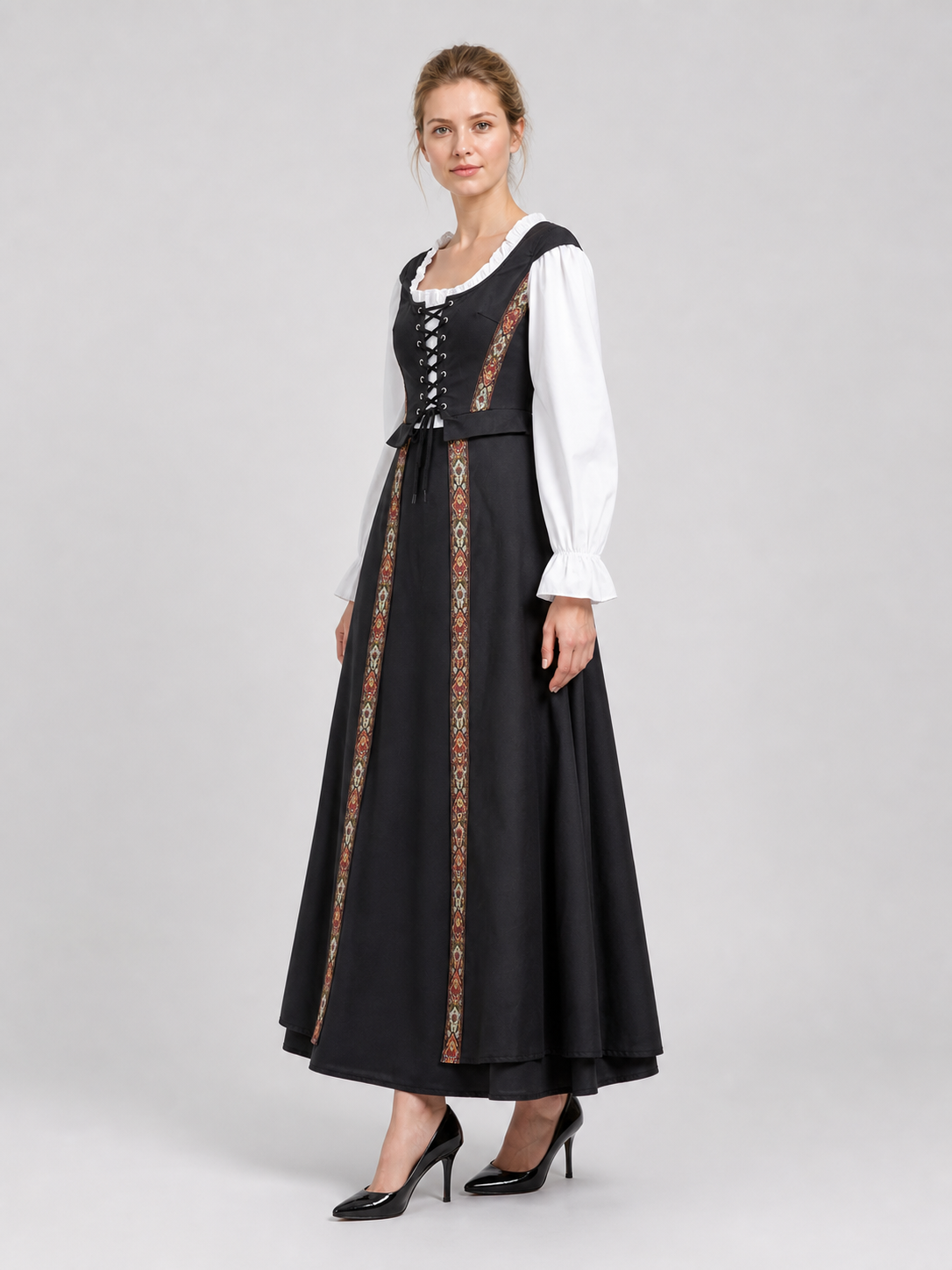 Black Dress with Lace Collar and Ethnic Pattern side view