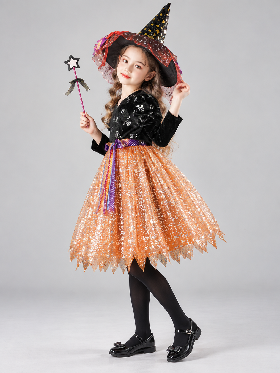 Kids' Witch Halloween Costume with Hat and Wand