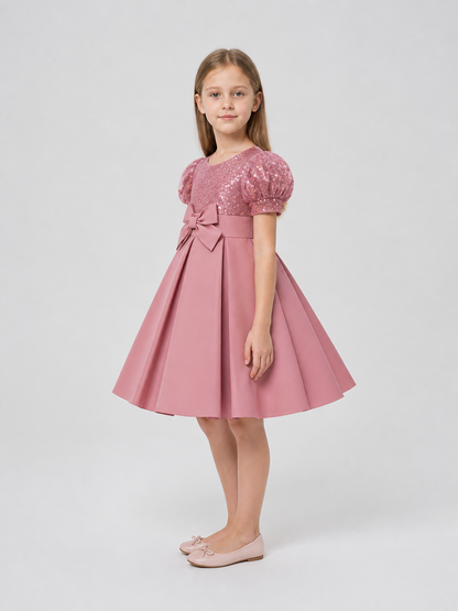 Dressy Sequin Dress with Bow and Full Skirt side view