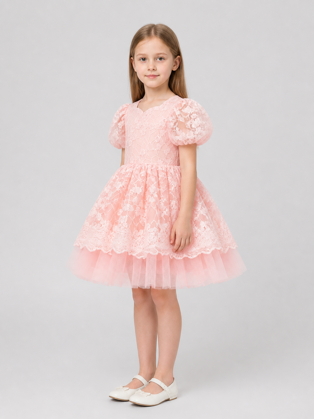 Pink Princess Dress with Lace and Full Skirt side view