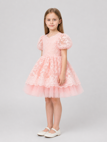 Pink Princess Dress with Lace and Full Skirt side view